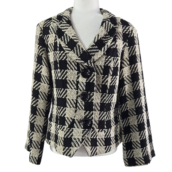 Coldwater Creek Black Tan Buffalo Check Plaid Tweed Blazer Career Preppy PETITE - Picture 1 of 10
